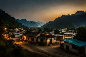 un pueblo a oscuridad en el montañas. generado por ai foto