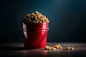 a red bucket filled with popcorn on a dark table. AI-Generated photo