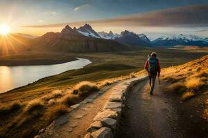 un hombre camina en un camino en el montañas a puesta de sol. generado por ai foto