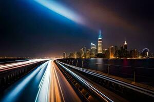 un largo exposición fotografía de un ciudad horizonte a noche. generado por ai foto