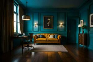 a room with blue walls and a leather couch. AI-Generated photo
