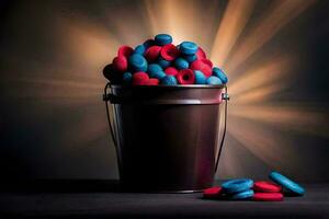 a bucket filled with red and blue candy. AI-Generated photo
