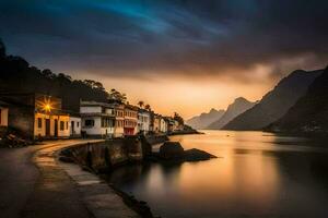 un río en el montañas a puesta de sol. generado por ai foto