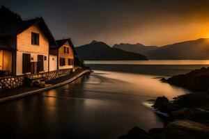 a house sits on the shore of a lake at sunset. AI-Generated photo