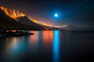 photo wallpaper the sky, mountains, the moon, the water, the moon, the water,. AI-Generated