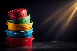 a stack of colorful buckets on a dark background. AI-Generated photo
