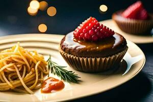 a plate with a cupcake and spaghetti. AI-Generated photo