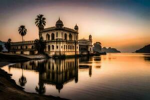 the sunset over the lake at the palace. AI-Generated photo