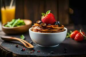 a bowl of pancakes with berries and strawberries. AI-Generated photo
