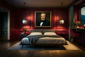 a bedroom with a painting of a man on the wall. AI-Generated photo