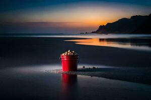 a red bucket on the beach at sunset. AI-Generated photo