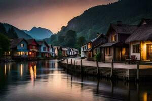 photo wallpaper the sky, water, mountains, houses, lake, house, the village, the. AI-Generated