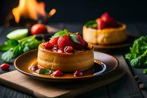 cheesecake with strawberries and cherries on a plate. AI-Generated photo