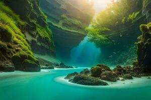 the water is flowing through a cave in the middle of a green forest. AI-Generated photo