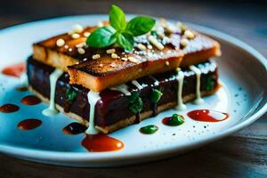 un plato con un pedazo de comida en él. generado por ai foto