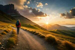 a person walking on a path in the mountains. AI-Generated photo