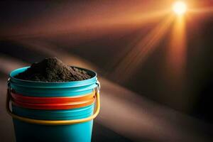 a bucket of soil sitting on a table with the sun shining. AI-Generated photo