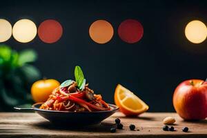 a bowl of pasta with vegetables and fruit on a table. AI-Generated photo