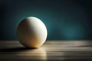 an egg sitting on a table in front of a blue background. AI-Generated photo