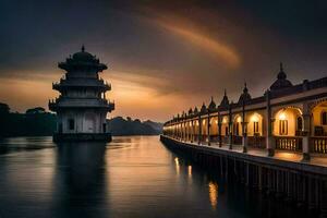 a long pier with a pagoda in the background. AI-Generated photo