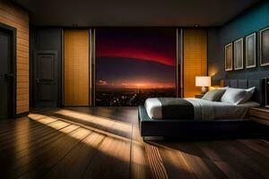 a bedroom with a view of the city at night. AI-Generated photo