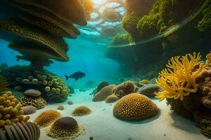 un coral arrecife con muchos diferente tipos de corales y pez. generado por ai foto