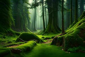 a green forest with mossy trees and trees. AI-Generated photo