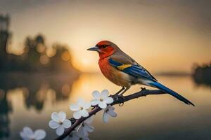 a colorful bird sits on a branch near a lake. AI-Generated photo