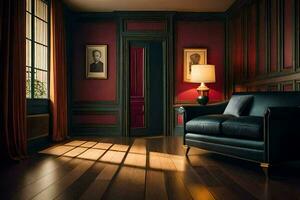 a room with red walls and wood floors. AI-Generated photo