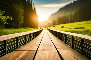 a wooden walkway leads to a green field. AI-Generated photo