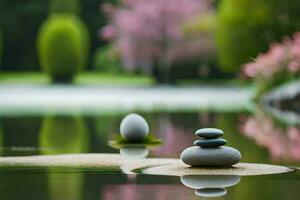two stones are sitting on the water in front of a pink tree. AI-Generated photo