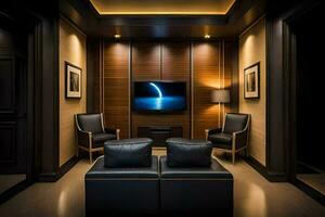 a home theater room with leather chairs and a flat screen tv. AI-Generated photo