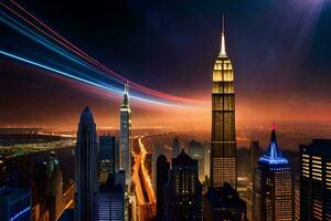 the city skyline at night with lights shining. AI-Generated photo