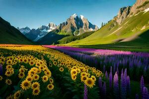 the sunflowers are blooming in the mountains. AI-Generated photo