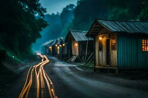 un largo exposición foto de un la carretera con casas y luces. generado por ai