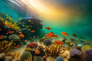 a boat is seen in the ocean with coral and fish. AI-Generated photo