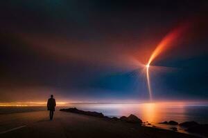 un hombre camina a lo largo el la carretera a noche con un brillante ligero en el cielo. generado por ai foto