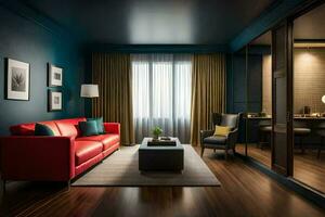 a hotel room with blue walls and a red couch. AI-Generated photo