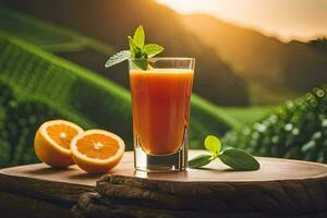 un vaso de naranja jugo con menta hojas en un de madera mesa. generado por ai foto