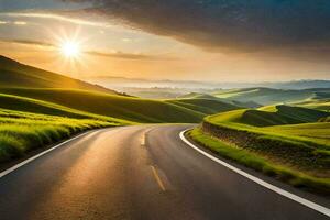 the sun is setting over a road in the middle of a green field. AI-Generated photo