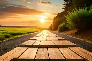 un de madera camino líder a el puesta de sol. generado por ai foto