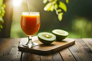 un vaso de jugo con un Paja en un de madera mesa. generado por ai foto