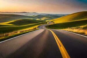 a road winding through the hills at sunset. AI-Generated photo