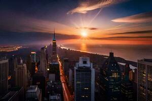 el Dom sube terminado el ciudad horizonte a puesta de sol. generado por ai foto