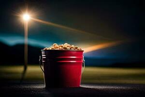 a bucket of popcorn on the road. AI-Generated photo