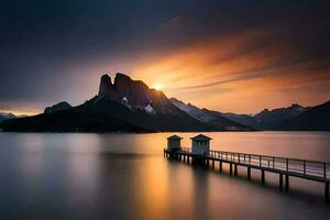 a pier in the middle of a lake with mountains in the background. AI-Generated photo