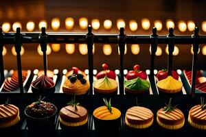 a display of cupcakes on a rack. AI-Generated photo