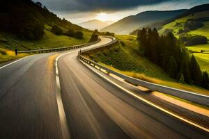 a long exposure photograph of a winding road in the mountains. AI-Generated photo