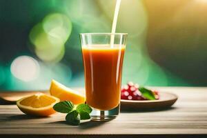 a glass of orange juice with a straw and a slice of lemon. AI-Generated photo