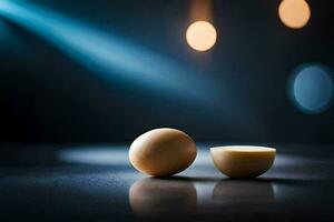 two eggs on a table with lights in the background. AI-Generated photo